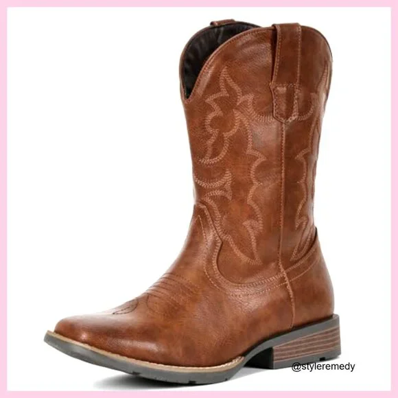 Men's Square Toe Cowboy Boots Pull-On Western Boots Slip Resistant